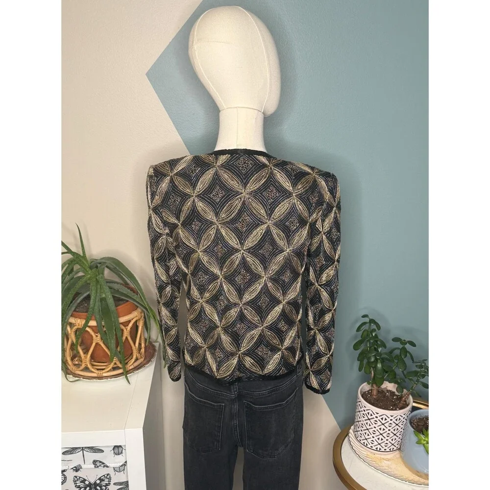 Papell Boutique Silk Beaded Art Deco Evening Jacket Black Gold Open Front Size S - Picture 5 of 13